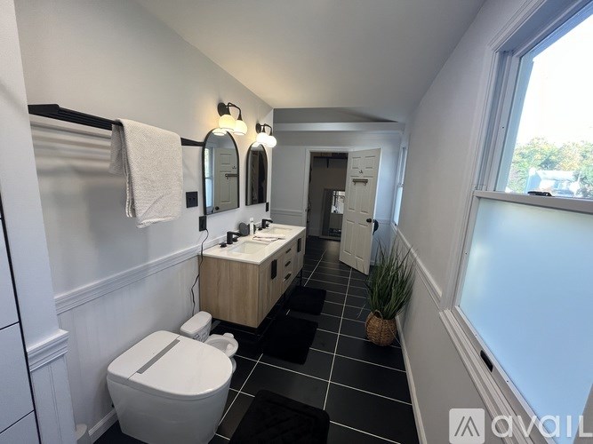 A bathroom with a toilet, sink, mirror, and a potted plant.