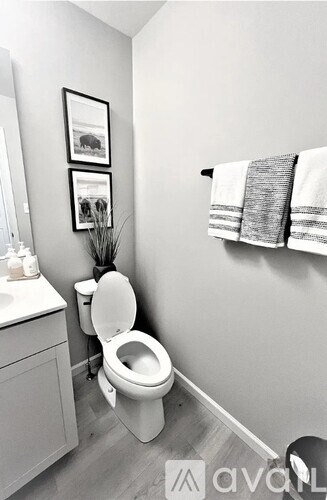 A bathroom with a toilet, a cabinet, a towel, and pictures on the wall.