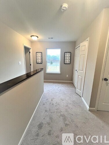 A carpeted hallway with a door on the right and a window on the left.