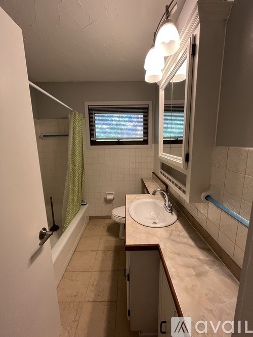 A bathroom with a toilet, sink, and mirror.