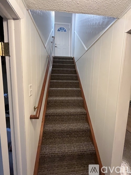 A staircase with a carpeted runner and wooden handrails.