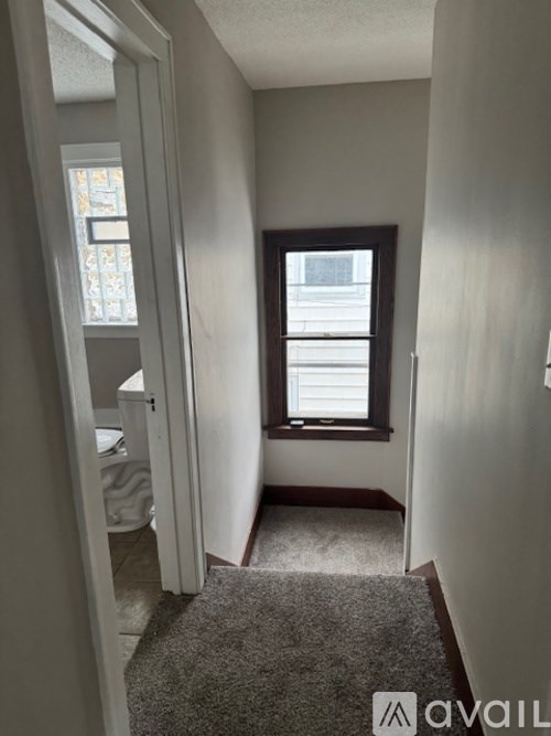 A hallway with a carpeted floor, a door, and a window.