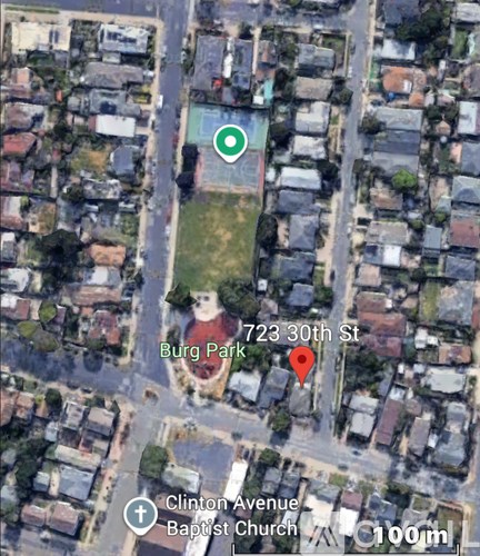 A map shows a red pin on 723 30th St, a green circle on Burg Park, and a white cross on Clinton Avenue.
