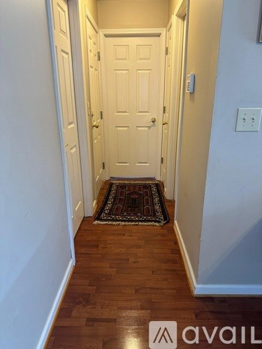 A hallway with a rug on the floor and a door at the end.
