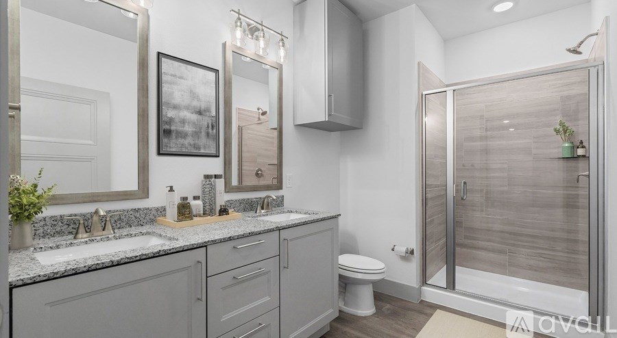 A modern bathroom with a walk-in shower and double sinks.