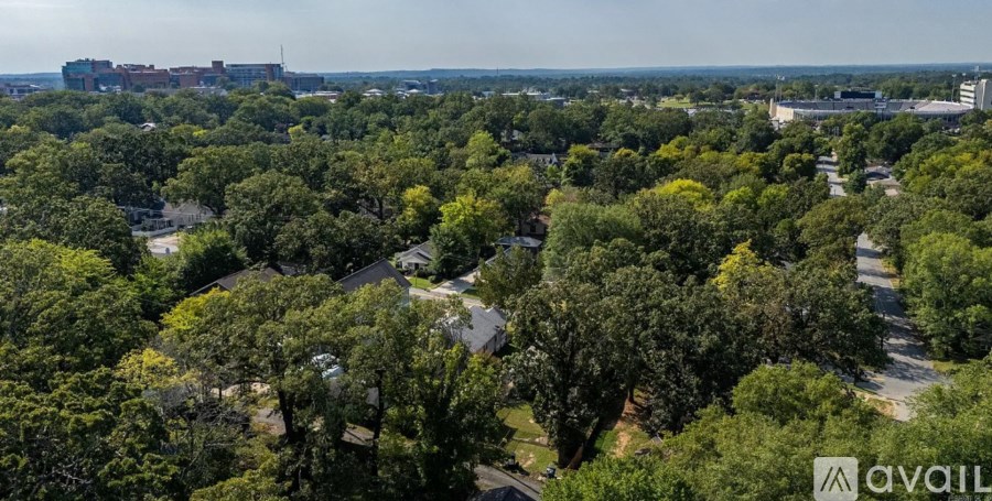 A bird's eye view of a residential area surrounded by trees.
