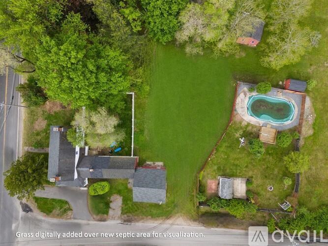 A bird's eye view of a backyard with a pool and a house.
