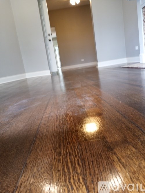 A room with a wooden floor and a door in the background.