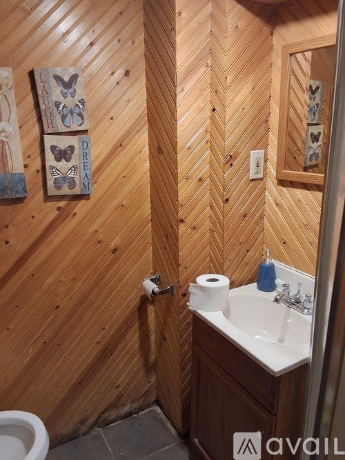 A wooden bathroom with a white sink and a mirror.