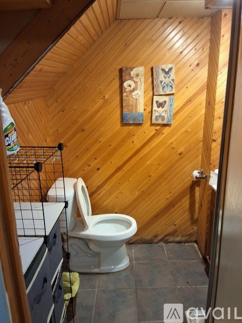 A wooden bathroom with a toilet and a shelf.