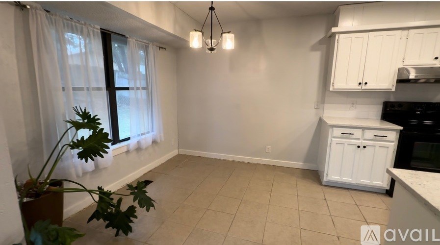 A kitchen with white cabinets and a plant in a brown pot.