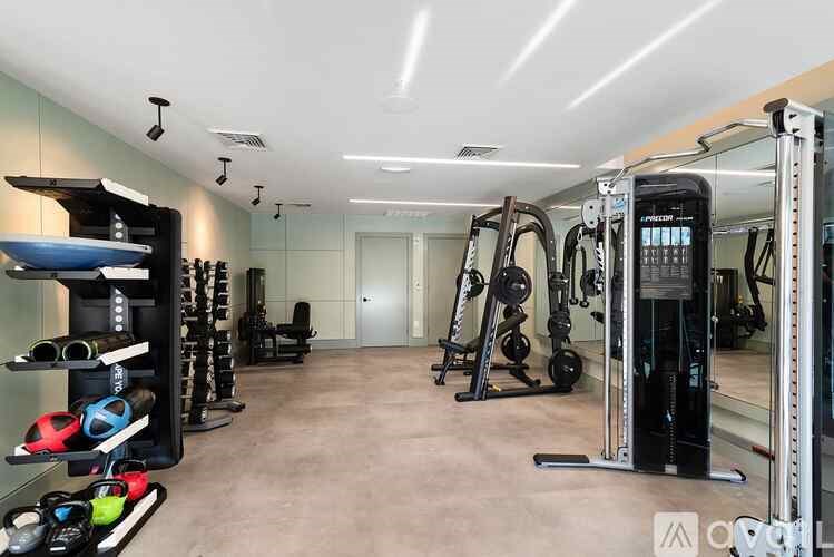 A well-equipped gym with a variety of exercise machines and weights.