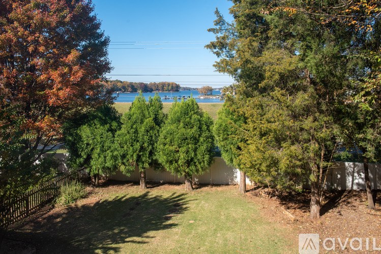 A tree-lined yard with a house and a body of water in the distance.