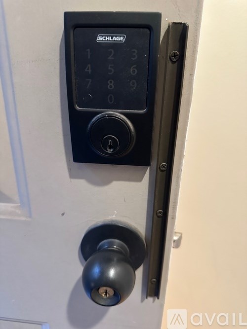 A Schlage keypad is mounted on a white door.