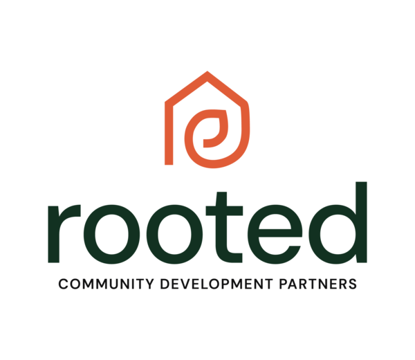 The image shows a logo with the word "rooted" in green and a tagline "COMMUNITY DEVELOPMENT PARTNERS" beneath it.