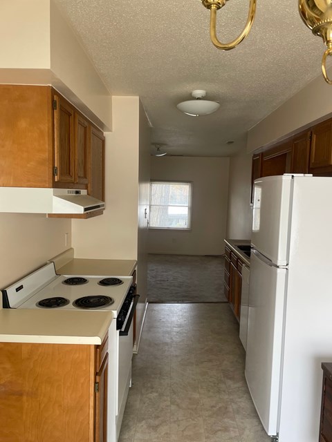A kitchen with white appliances and wooden cabinets.