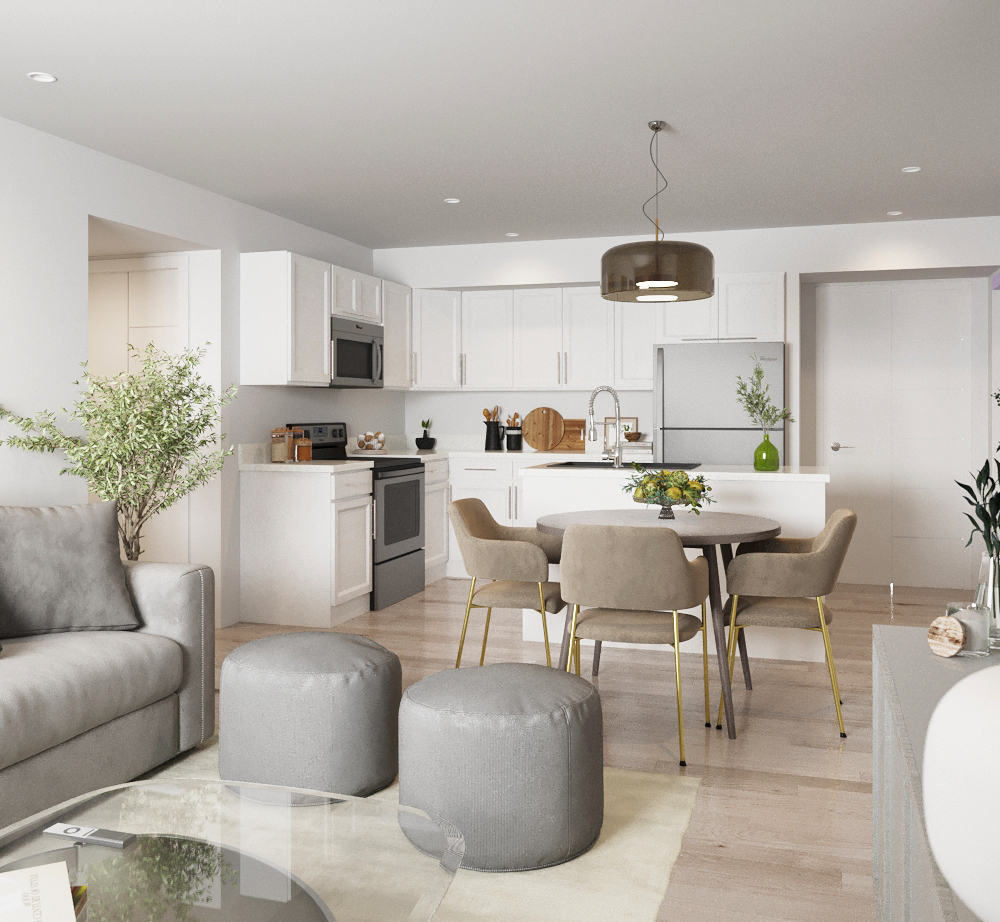 A modern kitchen with a dining table set for four.