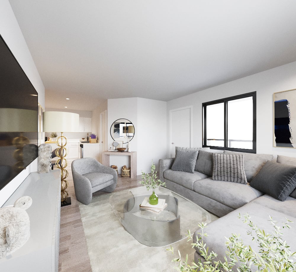 A modern living room with a grey couch, a grey armchair, a coffee table, and a mirror.