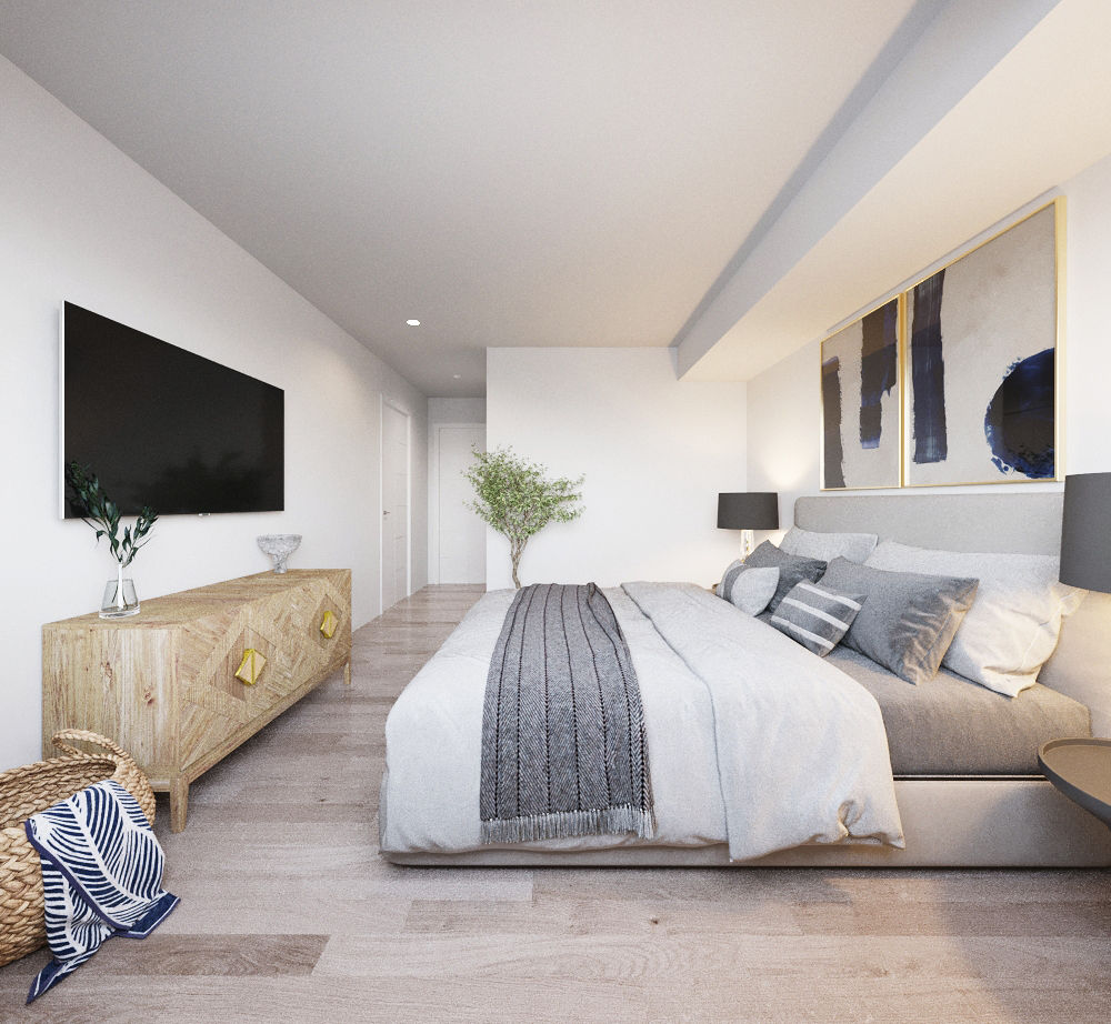 A modern bedroom with a large bed and a TV on the wall.