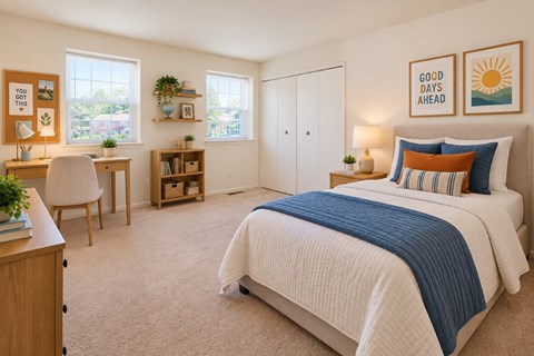 A bedroom with a bed, desk, and chair.