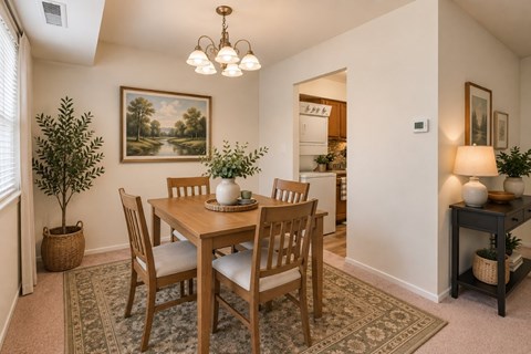 A dining room with a wooden table and chairs.