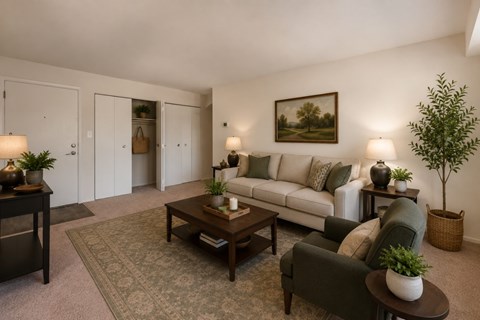 A living room with a couch, chair, and a painting on the wall.