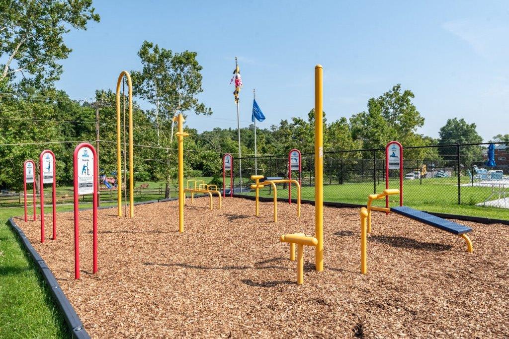 Outdoor fitness stations with signs instructing how to use each station