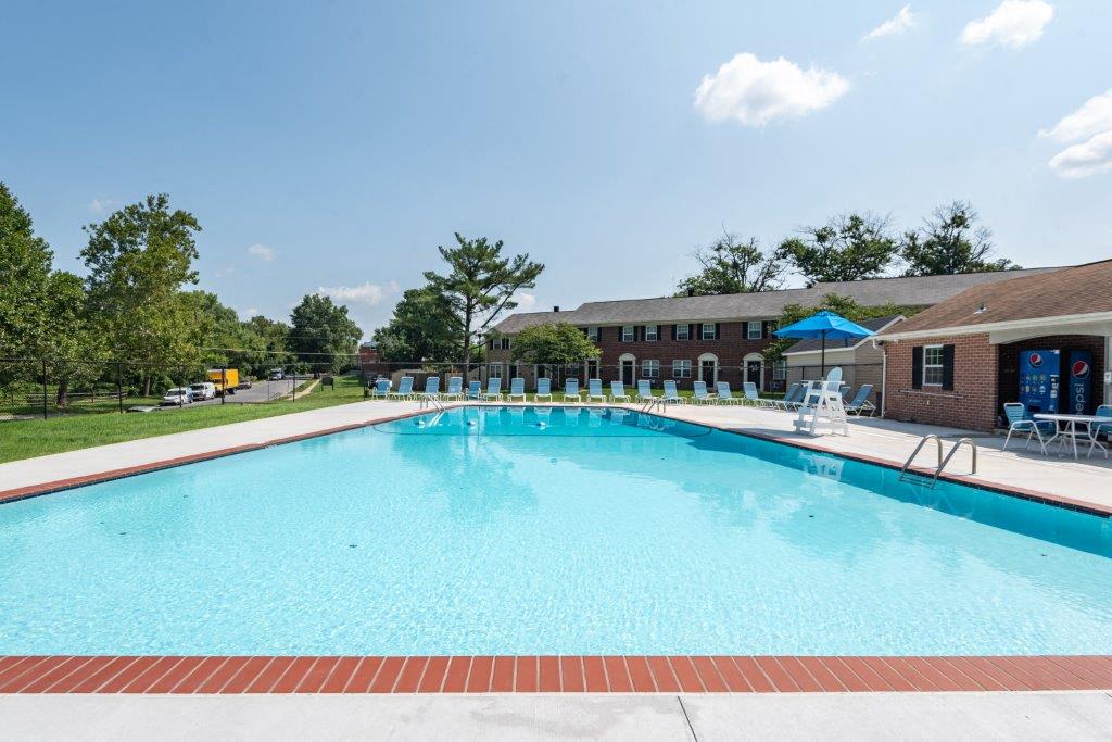 Large swimming pool with lounge chairs surrounding it
