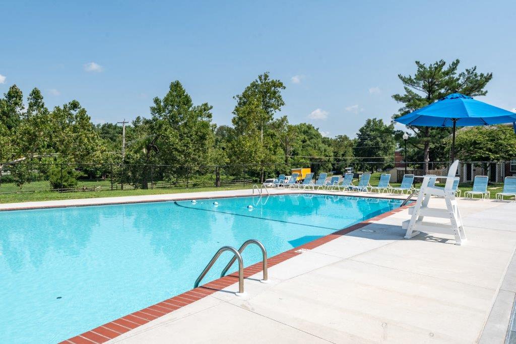 Large swimming pool with lounge chairs surrounding it