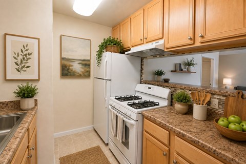 A kitchen with a white stove top oven and wooden cabinets.