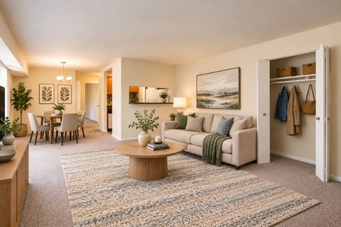 A living room with a couch, coffee table, and a painting on the wall.