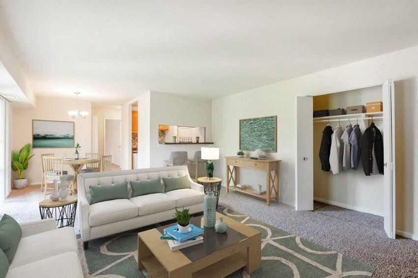 a living room with a couch and a table