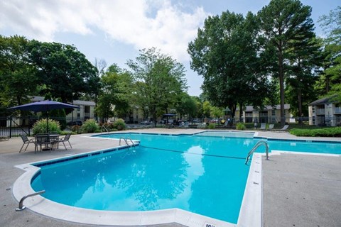 a large swimming pool with trees in the background