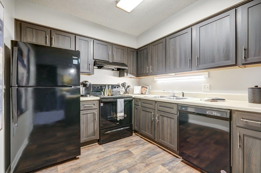 a kitchen with stainless steel appliances and dark cabinets