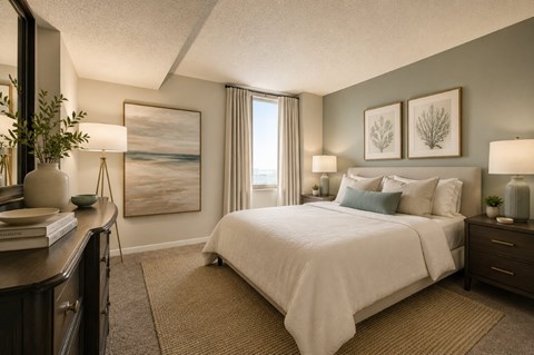 A bedroom with a large bed, a nightstand, and a painting on the wall.