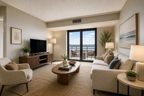 A living room with a flat screen TV and a view of the ocean.