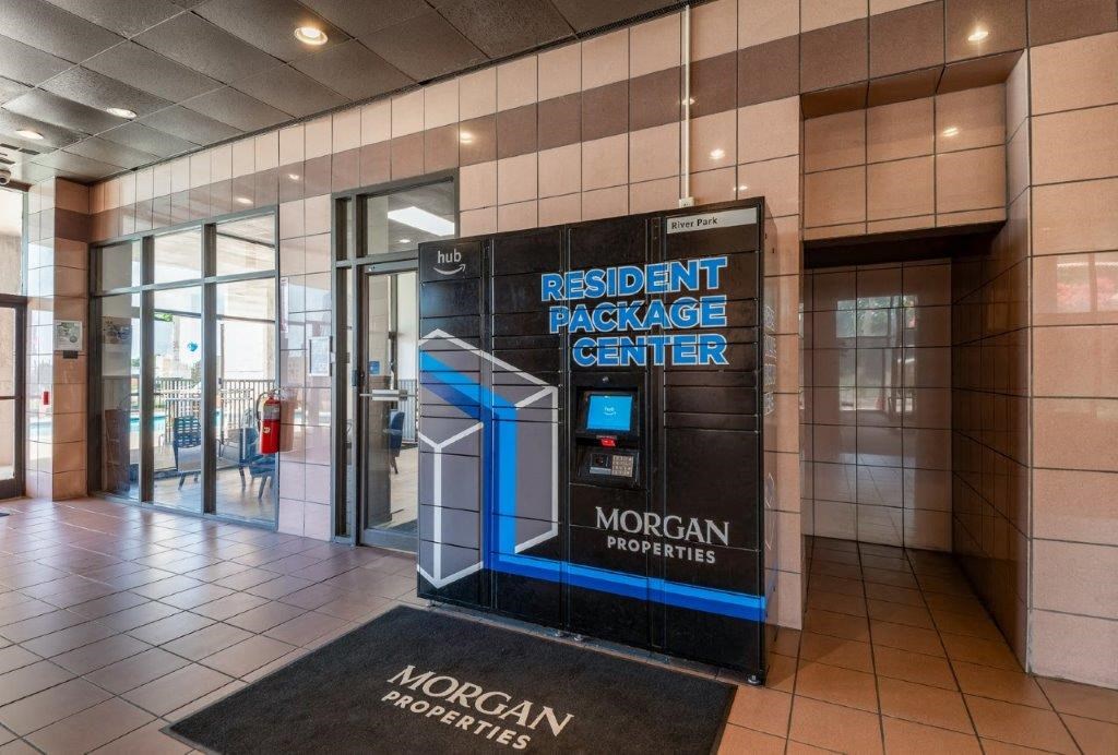 the entrance to the residential package center at the morgan properties building