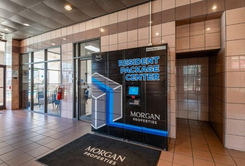 the entrance to the residential package center at the morgan properties building