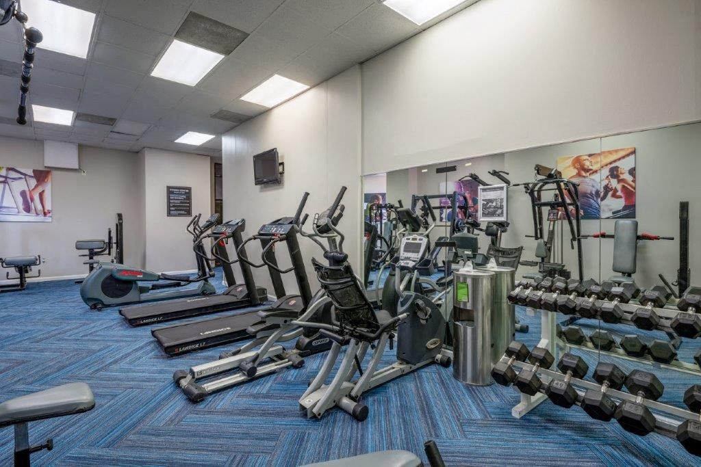 a gym with cardio equipment and weights in a building