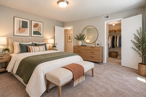 A bedroom with a large bed, a bench, and a mirror.