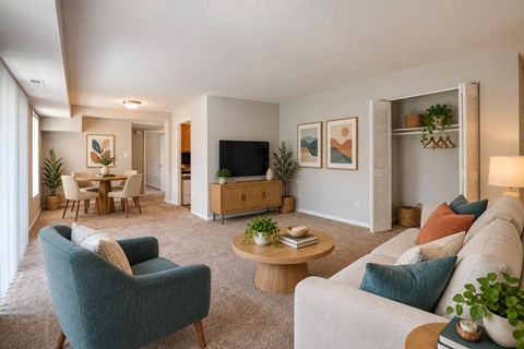 A living room with a blue armchair, a grey sofa, a wooden coffee table, and a television.