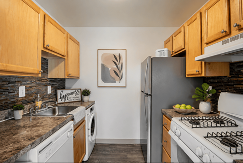 A kitchen with a washing machine, a fridge, a stove and a sink.