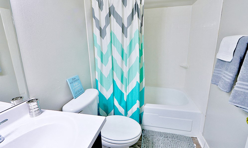 a bathroom with a toilet sink and tub and a shower curtain