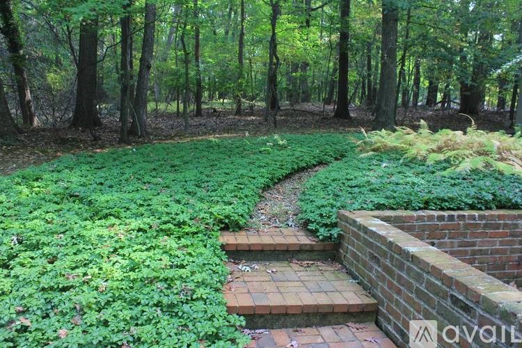 A garden with a brick wall and steps leading to a grassy area.