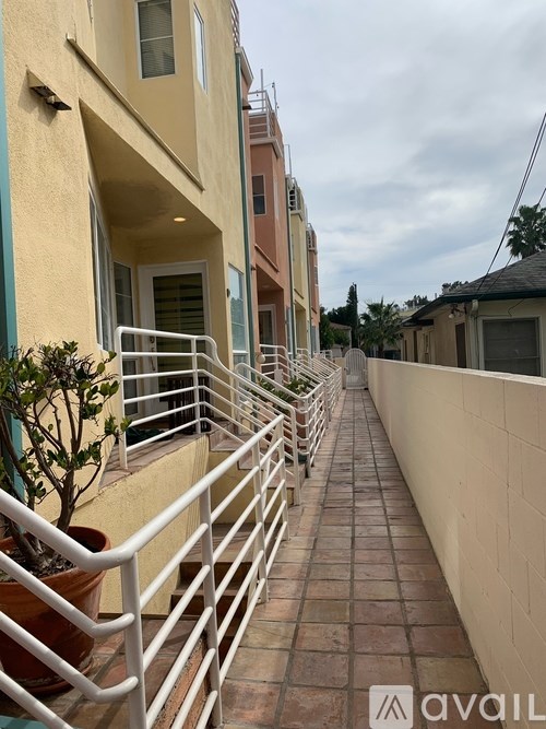 A balcony with a white railing and a potted plant.
