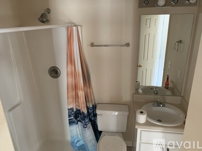 A bathroom with a toilet, sink, and shower curtain.