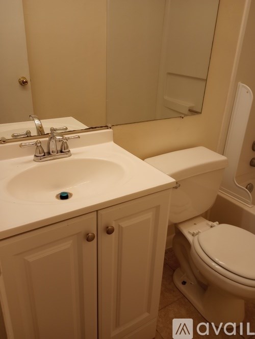 A bathroom with a sink, toilet and mirror.