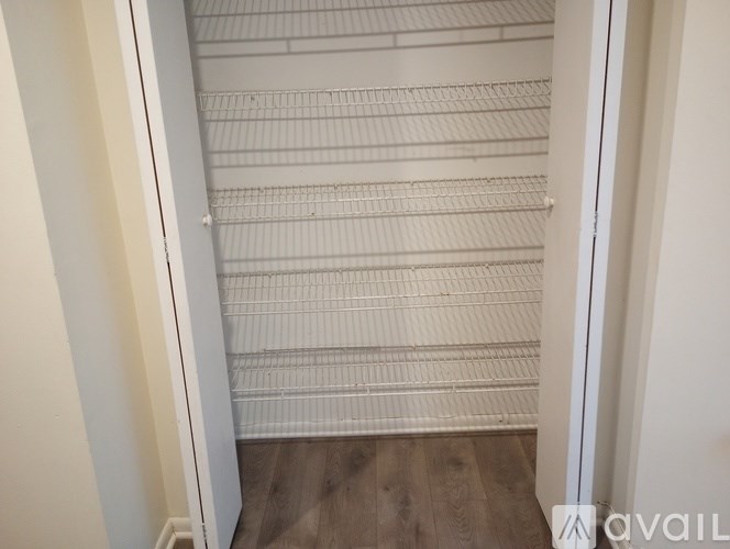 A white closet with shelves and a wooden floor.