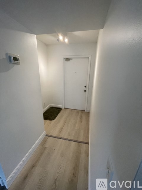 A hallway with a door and a mat on the floor.