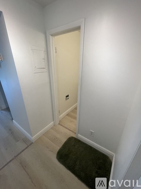 A hallway with a door and a rug on the floor.